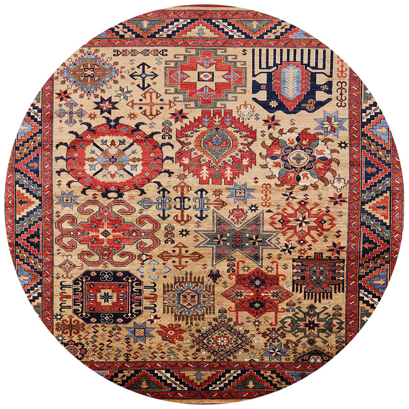 Tapis oriental rouge / ivoire / bleu, Rond 7 pi