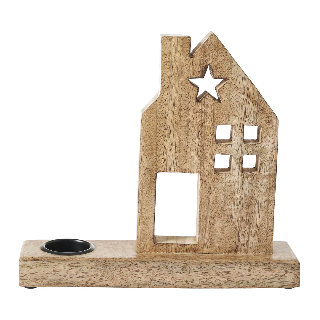 Festive Finds Tealight Holder Wooden Saltbox House w/ Star Natural VHC Brands 