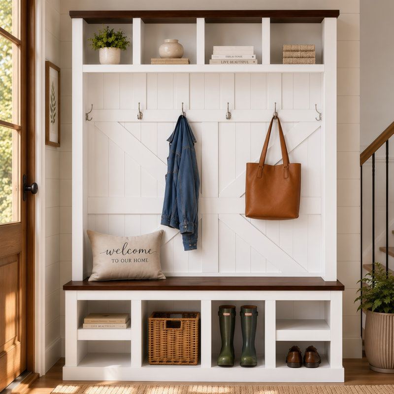 Arbre d'entrée de style campagnard avec banc et rangement pour chaussures, porte-manteau d'entrée avec 6 crochets doubles, 4 casiers supérieurs, 4 casiers de rangement inférieurs, tablettes réglables