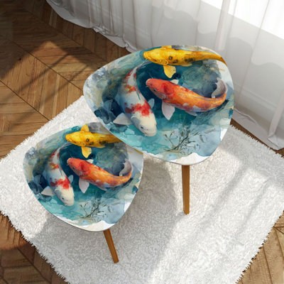 Triangle Nesting Coffee Table Set of 2 Koi colorful fish pond carp watercolor painting End Table Modern Minimalist Side Table Set for Living Room Bedroom