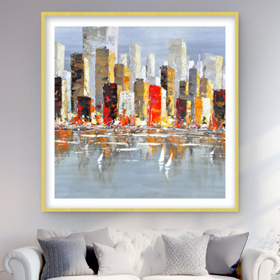 «Colorful Buildings with Water Reflection - Gray», reproduction encadrée