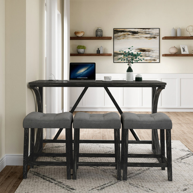 Huriye 4 Pieces Rectangular Bar Dining Table Set with Power Outlet,, Black, Light Gray/Black
