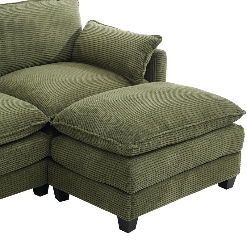 Corduroy 3-Seater L-Shaped Sectional Sofa With Movable Ottoman, Green Polyester Blend