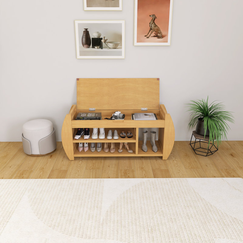 Banc de rangement rétro avec coussin et panneau latéral incurvé Retro, Bois naturel
