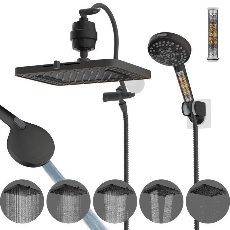13'' High Pressure 5-Spray Rainfall Shower Head,With 10-Mode Handheld Spray, 20 Stage Shower Filter, 12'' Adjustable Extension Arm, 71'' Hose