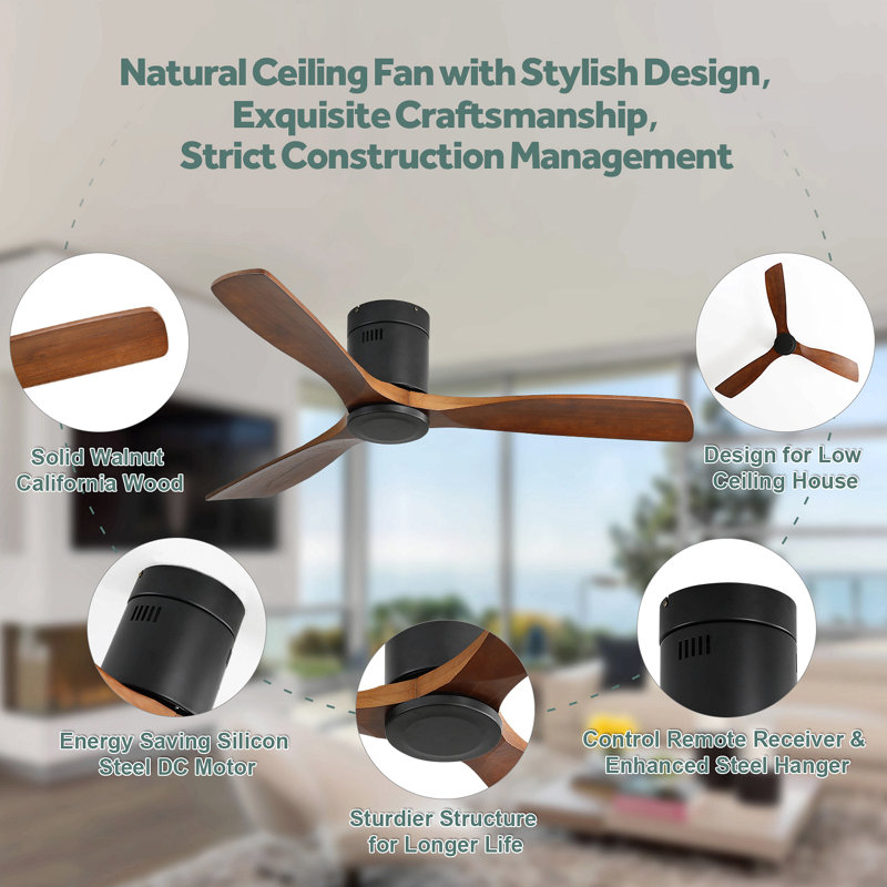 52 Inch Low Profile Ceiling Fan Dc 3 Carved Wood Fan Blade Noiseless Reversible Motor Remote Control Without Light, Black