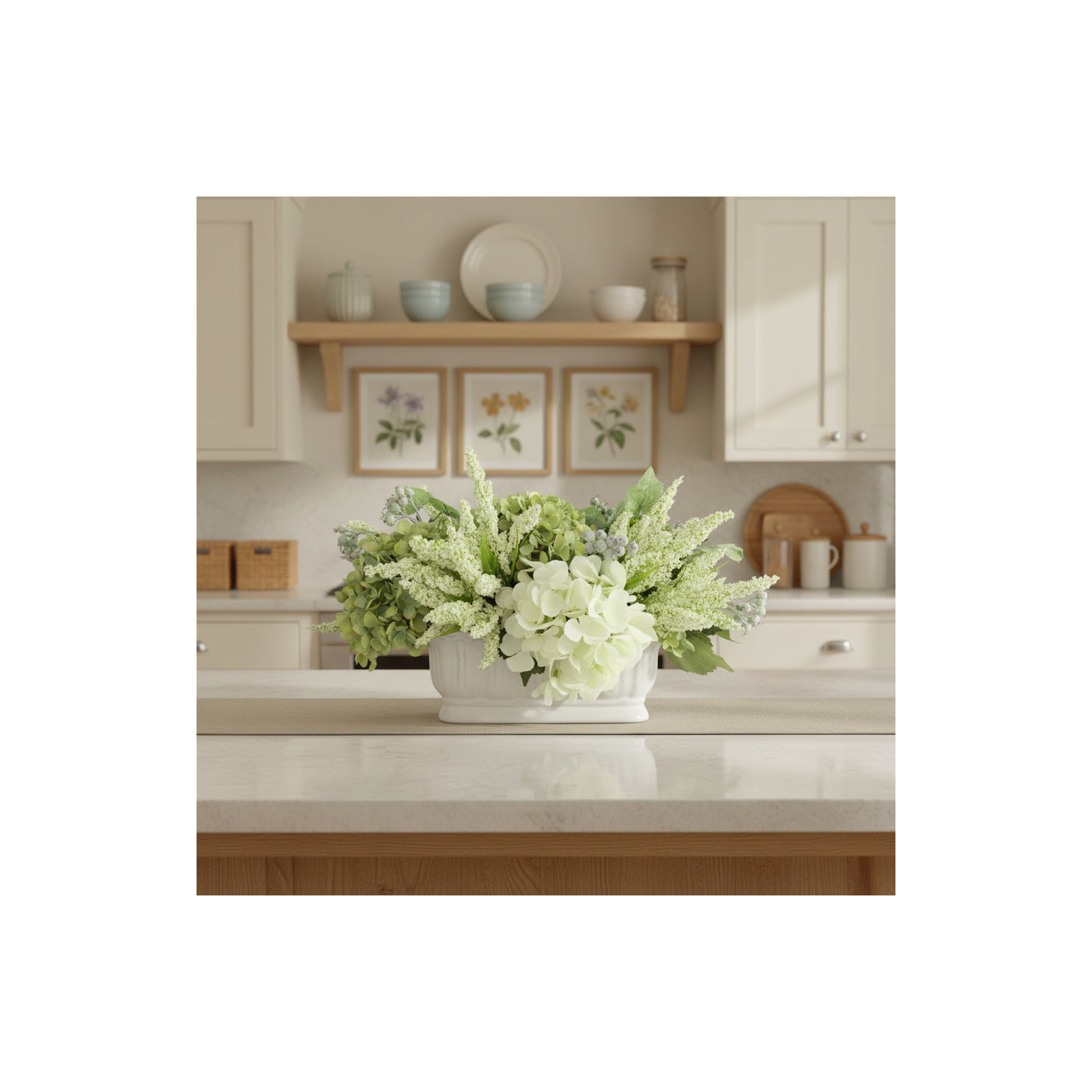 Assorted Hydrangea and Heather Arrangement, White/Green