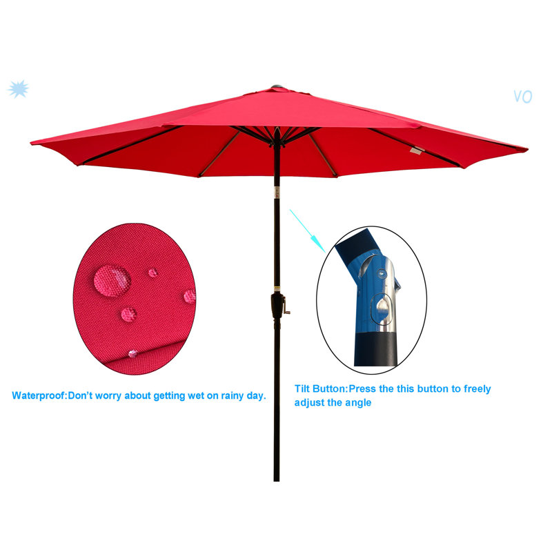 Parasol de patio extérieur 10 pi (3 m), 8 pièces, avec inclinaison, manivelle, sans base