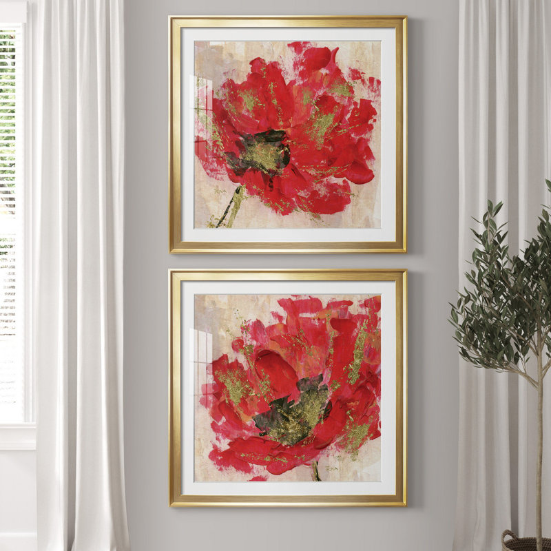 Red Infusion I - ensemble de 2 reproductions d'art encadrées, H 30,5 po x l 61 po x P 1,5 po, Papier encadré doré, Blanc