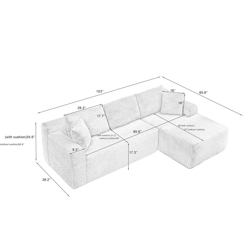 Canapé modulaire de 103,22 po faisant face à la droite avec méridienne en forme de L, canapé modulaire moderne avec siège profond, fauteuils rembourrés pour la chambre à coucher du salon