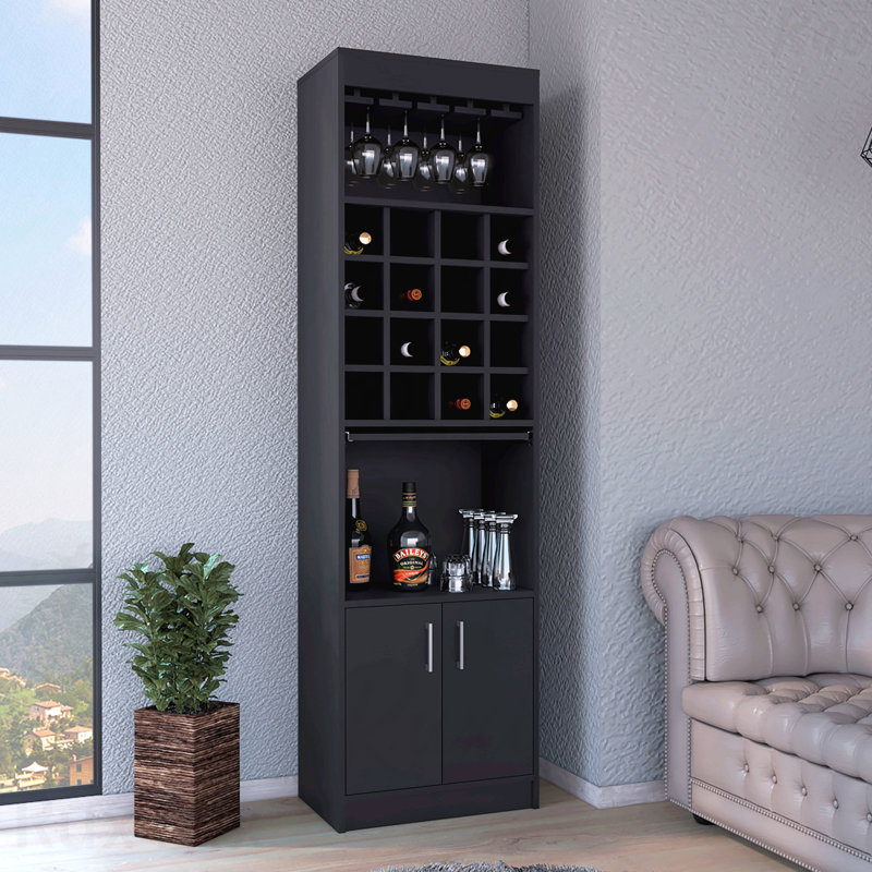 Bar - porte double, 2 tablettes, 16 supports à vin intégrés, noir