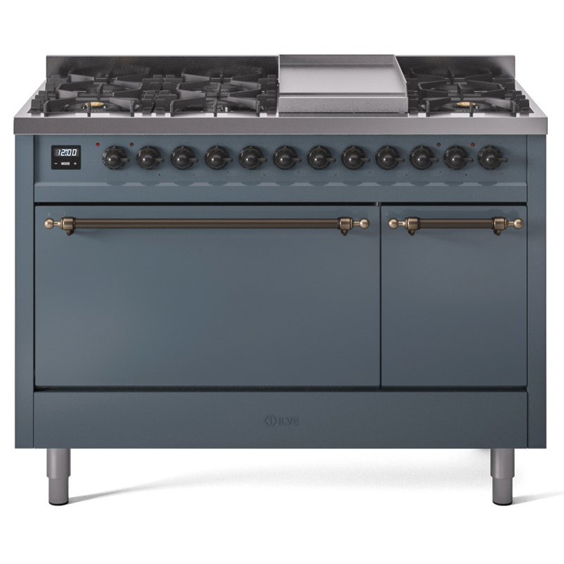 ILVE Nostalgie II 48 in Dual Fuel Range, 8 Burner, Griddle, Blue Gray/Bronze, Natural Gas