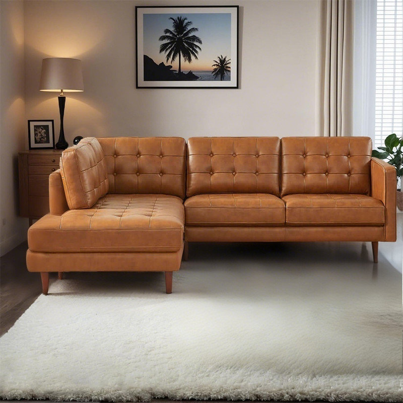 Canapé modulaire en L en cuir véritable de style rétro pour salon, Orienté à gauche (vu de face)