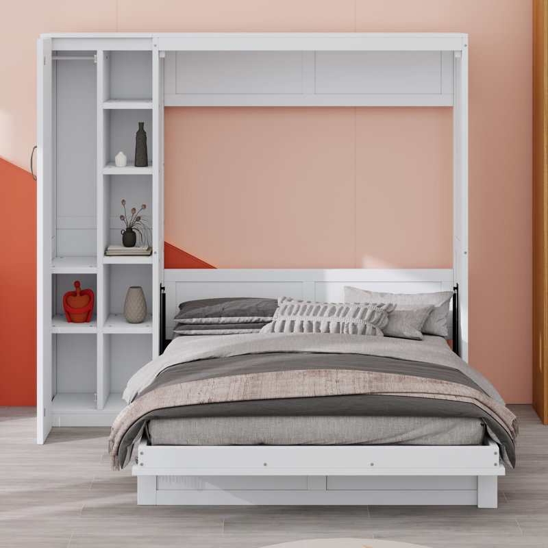 Lit escamotable mural avec tablettes Murphy, Lit double, Blanc