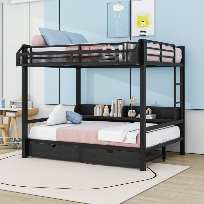 Lit superposé en métal avec tablettes intégrées, ports DEL et USB et 2 tiroirs, Grand sur grand, Noir