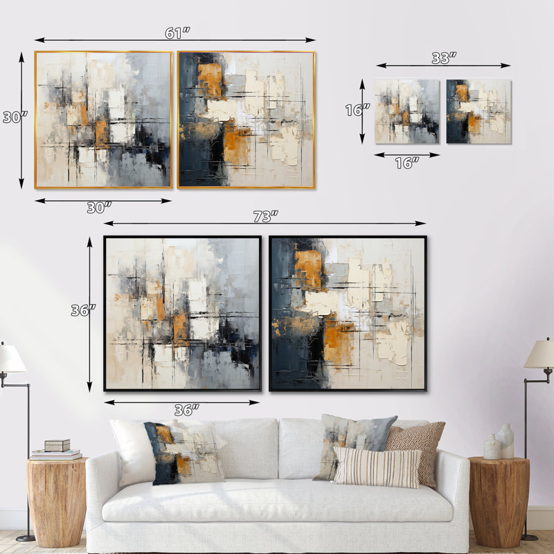 Ginsberg - Ensemble de 2 collages abstraits carrés, Cadre flottant noir, H 30 po x l 61 po
