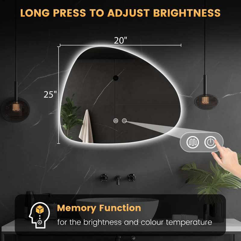 Dibbrun Frameless Lighted Bathroom Mirror, Asymmetrical, 20" x 25"