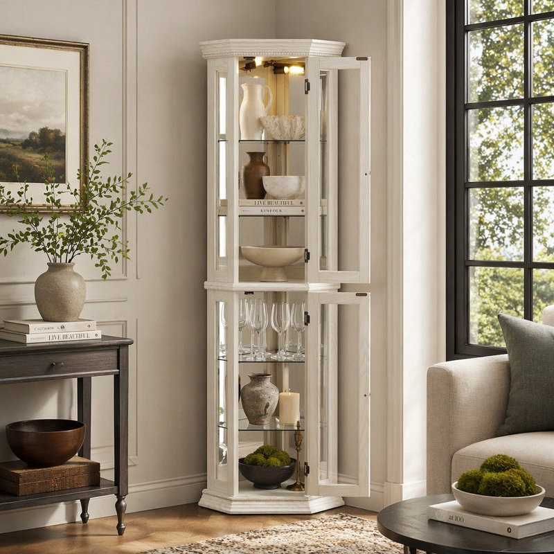 Lighted Corner Glass Curio Display Cabinet, Adjustable Tempered Glass Shelves with Mirrored Backboard, Compact Freestanding Collectible Showcase for Living Room Home Office