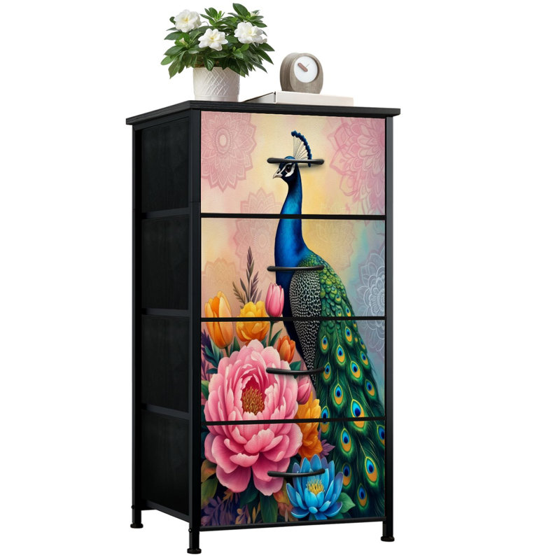 Commode pour la chambre à coucher avec 4 tiroirs de rangement Plumes de paon éclatantes entourées de fleurs colorées Commodes de style mandala Commode en acier à armoires en tissu pour vestibule
