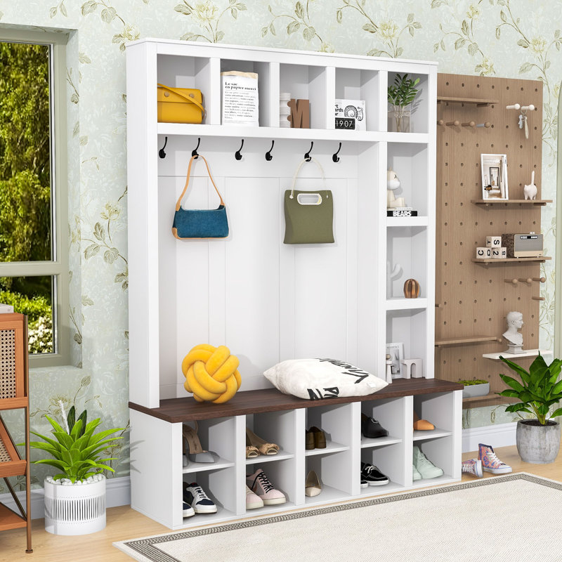 Hall Tree with 6 Hooks and Adjustable Shelves, White