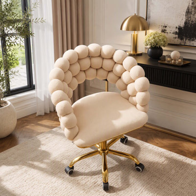Fauteuil de coiffeuse en velours à dossier bullé, fauteuil de maquillage pivotant à hauteur réglable sur 360 ° avec base en métal doré et roulettes silencieuses, fauteuil de bureau rembourré moderne pour chambre à coucher, vestiaire, bureau perso