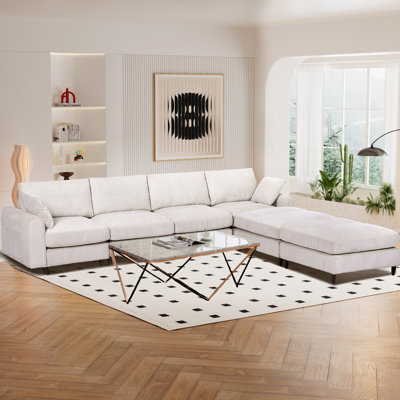 Extra Large 6-seater Combination Sofa, Corduroy, Convertible, With Headrests And Footstools