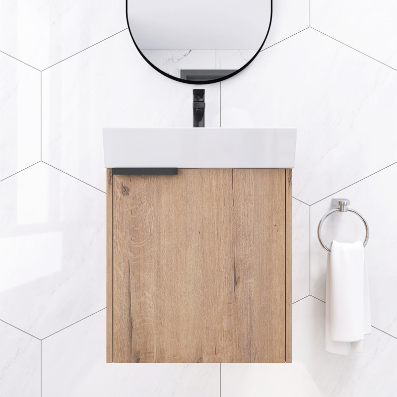 Meuble-lavabo flottant 18 po avec poignée en métal, lavabo imitation chêne et vasque intégrée en céramique
