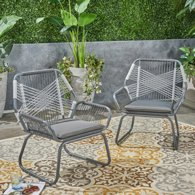 2Pcs Club Chairs - Fashionable Outdoor Seating. Woven Rope And Steel Construction. Gray White Cushions. 28.87In Deep X 27.36In Wide 32.5In High. Assembly Chairs, White, Water , Cross Stitch Style