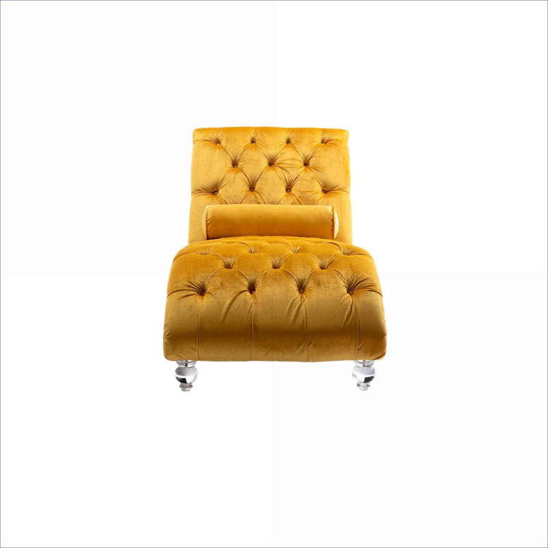  Single-Seat 64-Inch Button-Tufted Indoor Chaise Lounge, Velvet Upholstered Soft Yellow, Yellow