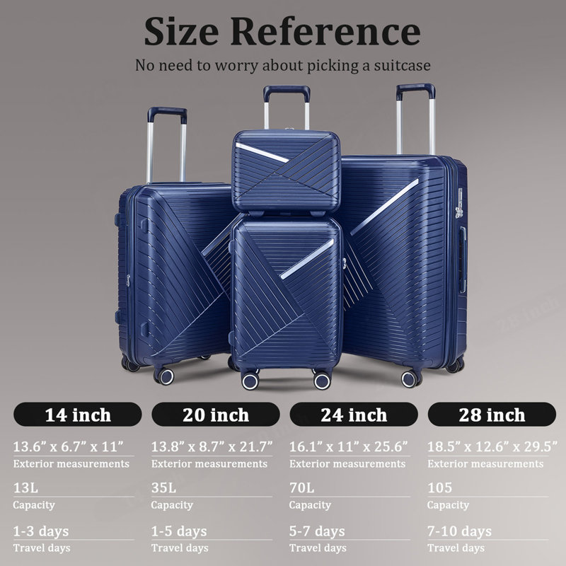 Ensembles de valises 4 pièces (14/20/24/28), valise légère extensible avec 4 roues pivotantes doubles à 360 degrés pour matériaux de transport