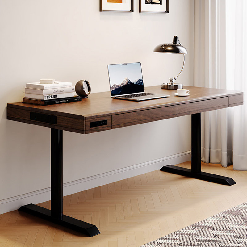 Bureau rectangulaire en bois massif foncé avec 2 tiroirs, 24.8"H×55.12"L×27.56"W