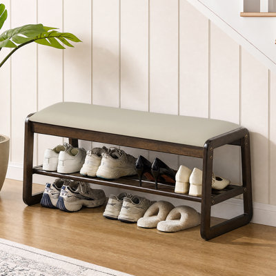  Solid Wood Shoe Bench with Cushion, 2-Tier Entryway Storage Bench