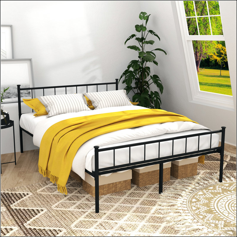 Structure de lit double avec tête de lit, pied de lit, rangement sous le lit et aucun sommier tapissier, structure stable en noir