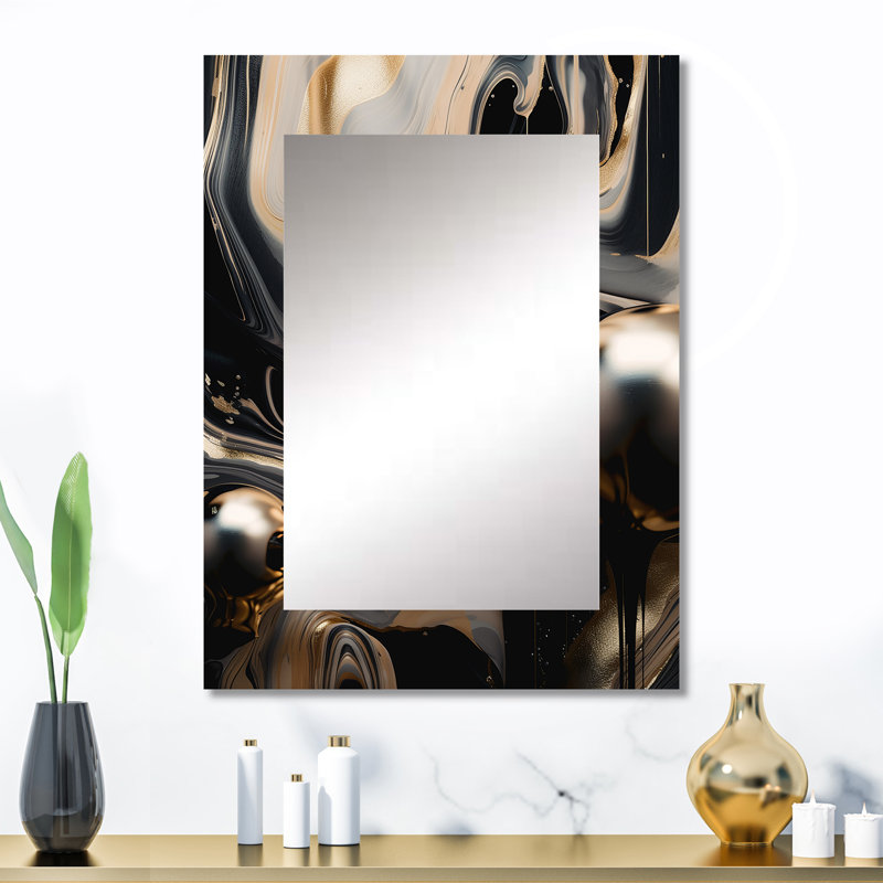 Or noir voyage par marbre III - grand miroir mural en marbre, miroir doré unique, impression d'art en métal, 32 po x 24 po