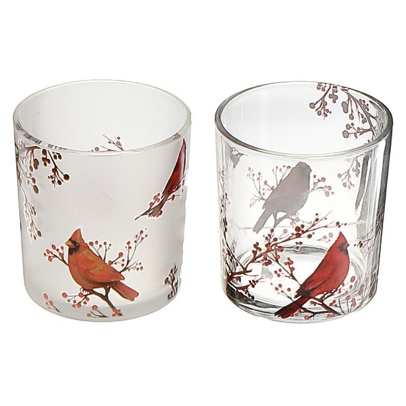 Bougeoirs en verre avec décalcomanie (Cardinal) (ensemble) - ensemble de 2