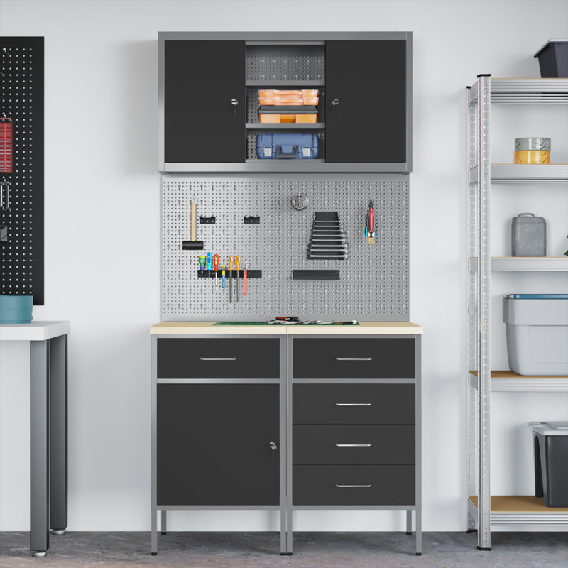 Work Cabinet Set with Drawer with Shelf, Black