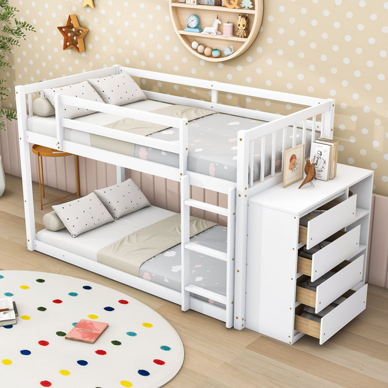 Lit superposé multifonctionnel en bois avec tiroirs et tablettes de rangement, Lit superposé simple sur simple, Blanc