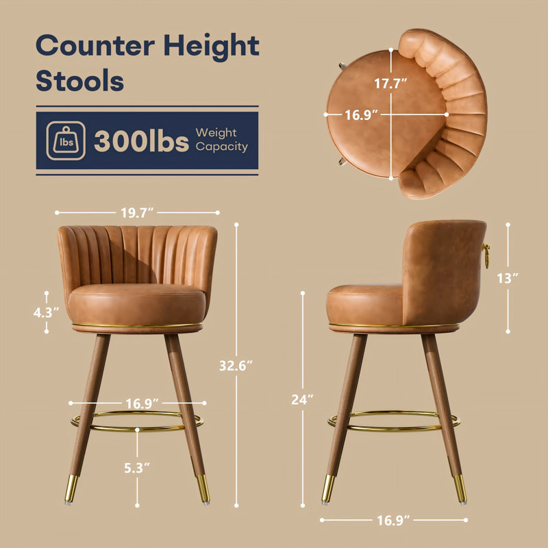 Yutong Swivel 27'' Counter Stool, Upholstered Bar Stool for Kitchen Island (Set of 2), Brown