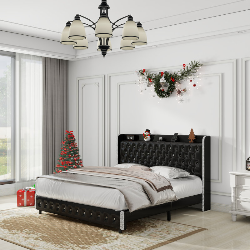 Wingback Upholstered Platform Bed Frame With Galaxy Projector, Diamond Button Headbaord, USB Charger, Music Speaker, Queen