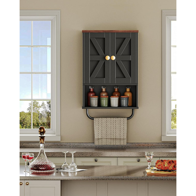 Armoire murale de salle de bain, armoire à pharmacie avec cloison ouverte et barre à serviettes, armoire de rangement rustique avec espace de rangement ouvert et caché, pour salle de bain, salon, cuisine, noir et noyer