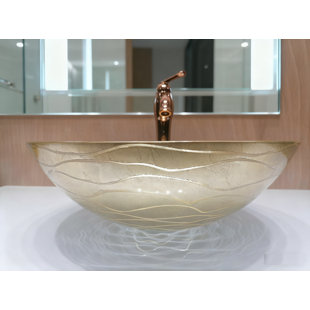 Lavabo vasque en verre à motif de vagues dorées avec bonde escamotable - Design luxueux fabriqué à la main, idéal pour les rénovations de salle de bain | Modèle Lav-fws108