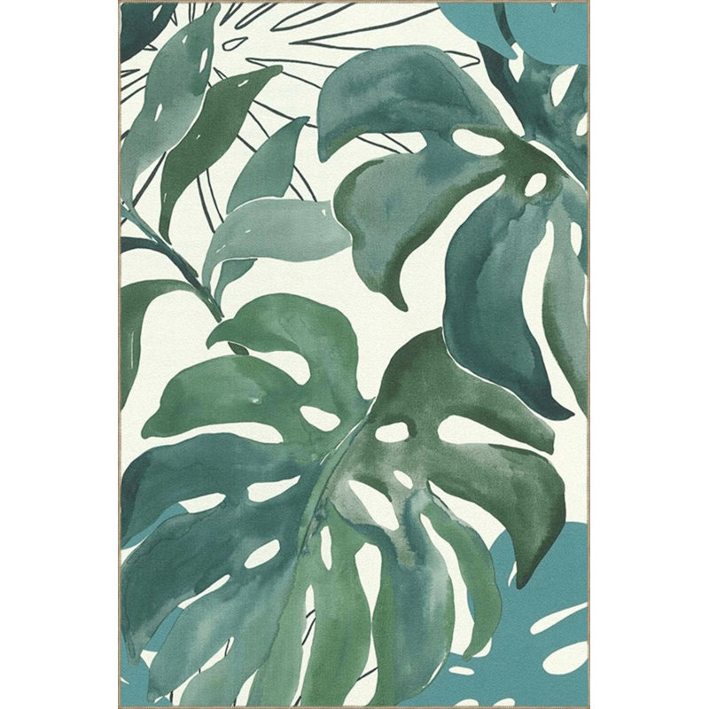 Tapis décoratif moderne à motif de feuilles vertes, Rond 3 pi 4 po