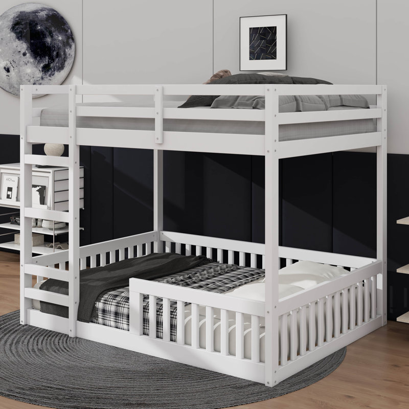 Lit superposé en bois double avec lit double et échelle de sécurité, Blanc