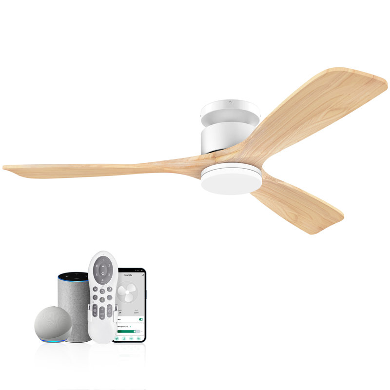 Ventilateur de plafond encastré en bois à 3 pales de 52 po avec lumière et télécommande, Alexa Alexa, intérieur / extérieur, moteur à courant continu silencieux, à intensité variable