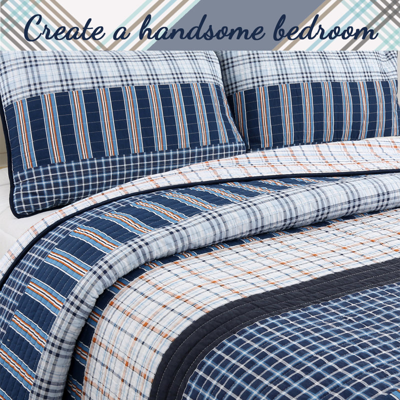 Blue and Orange Plaid Cotton Twin Reversible Quilt Set