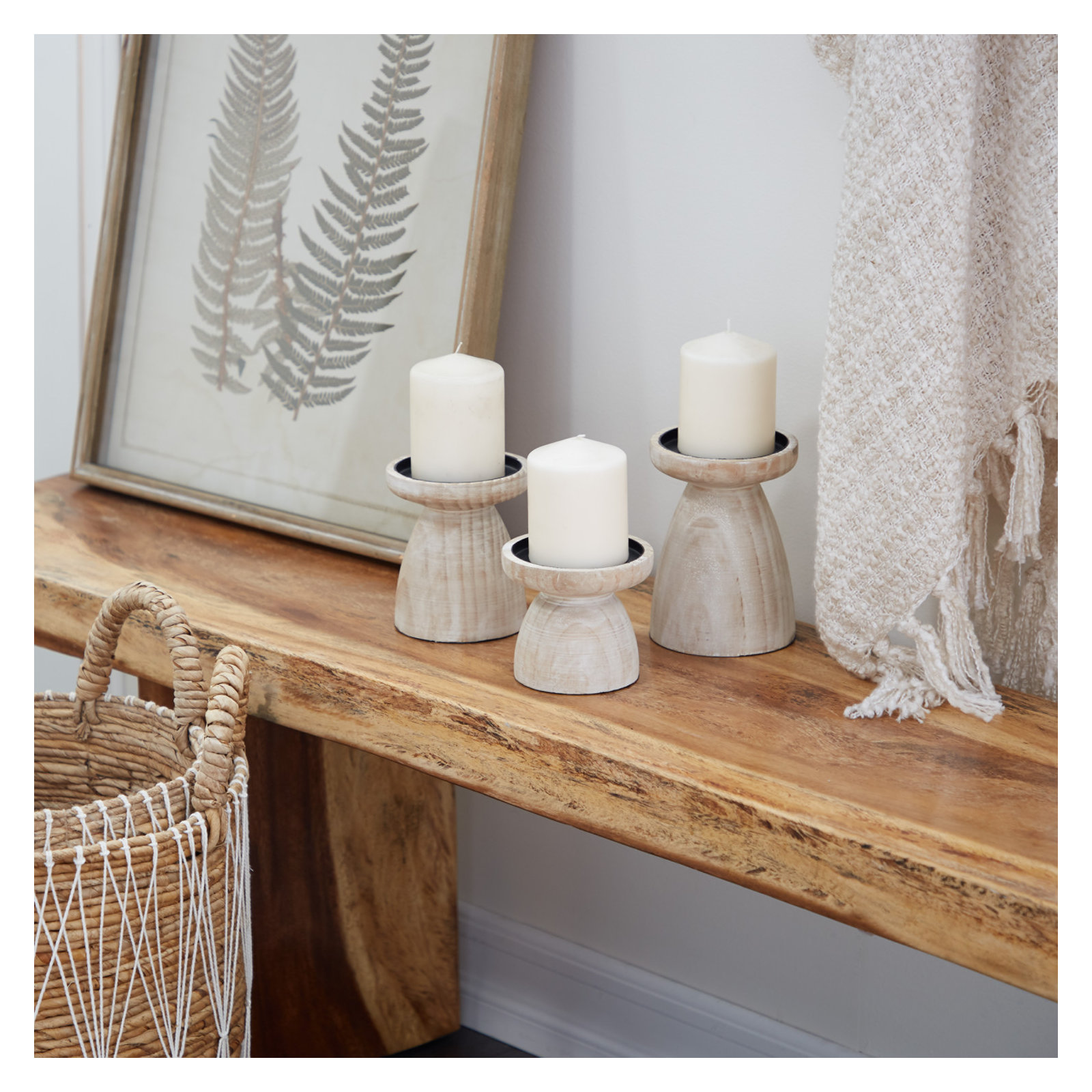 3 Piece Wood Tabletop Candlestick Set, Natural