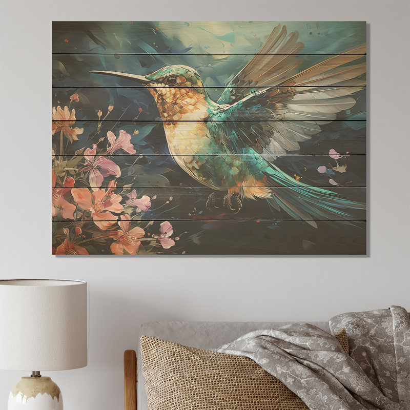 Colibri vert émeraude en fleurs II - Colibri sur bois, H 10 po x l 20 po
