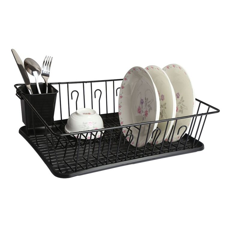 Mega Chef Dish Rack with 14 Plate Positioners and a Detachable Utensil Holder, Black