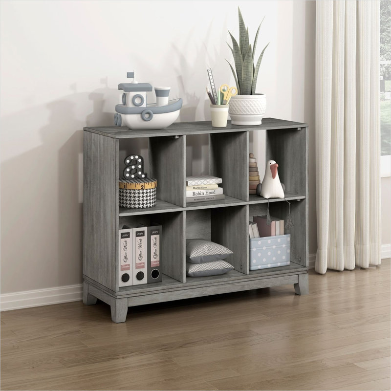 Bibliothèque à six étagères avec finition grise et rangement cubique, construction en bois et bois d'ingénierie, meuble de rangement autoportant pour salon