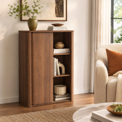 31.5" Walnut Wood Grain Storage Cabinet With Sliding Doors & Adjustable Shelves, Modern Entryway Organizer